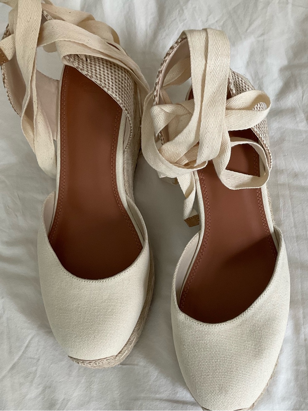 ASOS Cream Canvas Espadrille Wedge Sandals with Ankle Ties NEVER WORN